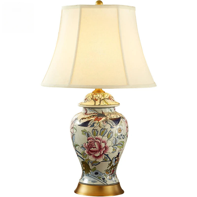 Neoclassical Ceramic Table Lamp with Fabric Shade for Bedroom and Living