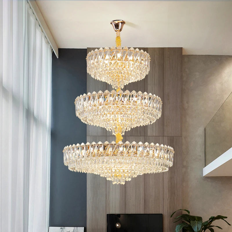Camille French Luxury Long Crystal Chandelier, Gold LED, Grand Lobby Light