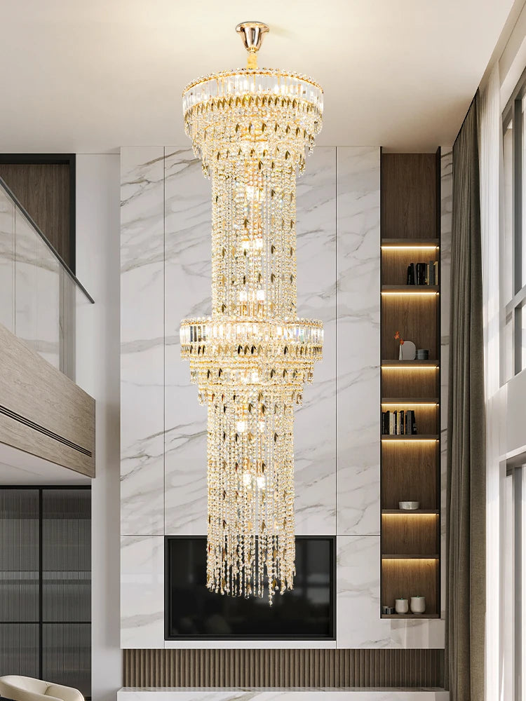 Hollow Spiral Crystal Long Chandelier for Staircase and Living Room