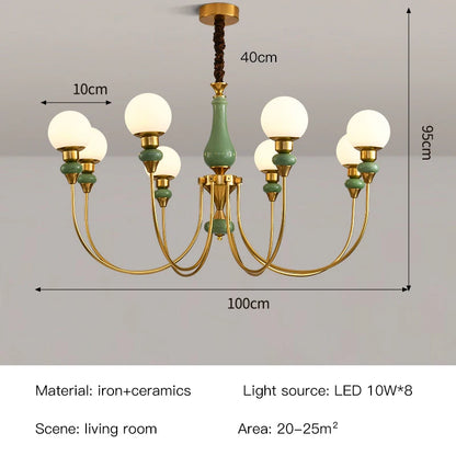 Minimalist Retro Gold Ceramic Chandelier with LED Lights for Bedroom and Loft