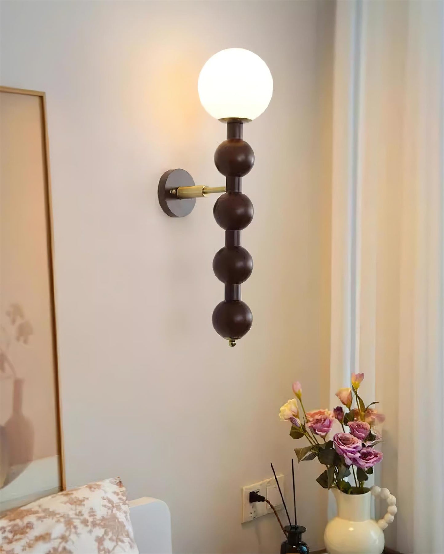 Selene Gourd Wall Lamp with Walnut Beaded Design and Warm Glow