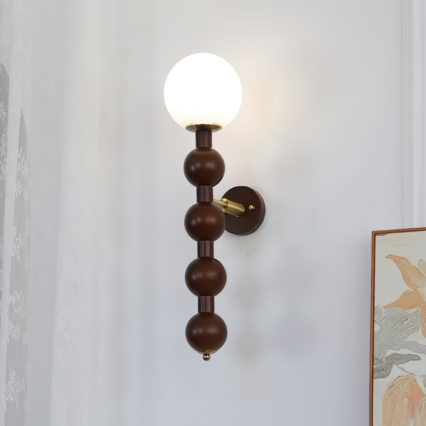Selene Gourd Wall Lamp with Walnut Beaded Design and Warm Glow