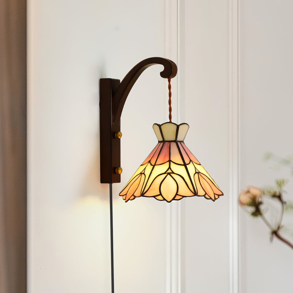 Clémence Serena Tiffany Wall Lamp Brass Wood and Glass LED Lighting