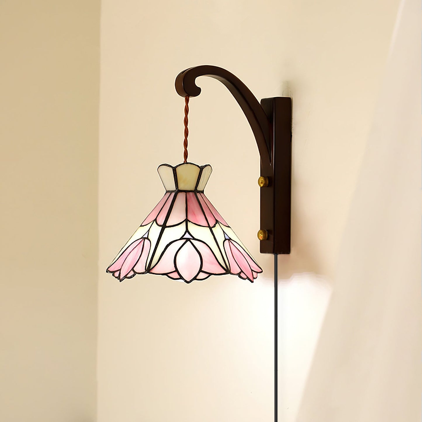Clémence Serena Tiffany Wall Lamp Brass Wood and Glass LED Lighting
