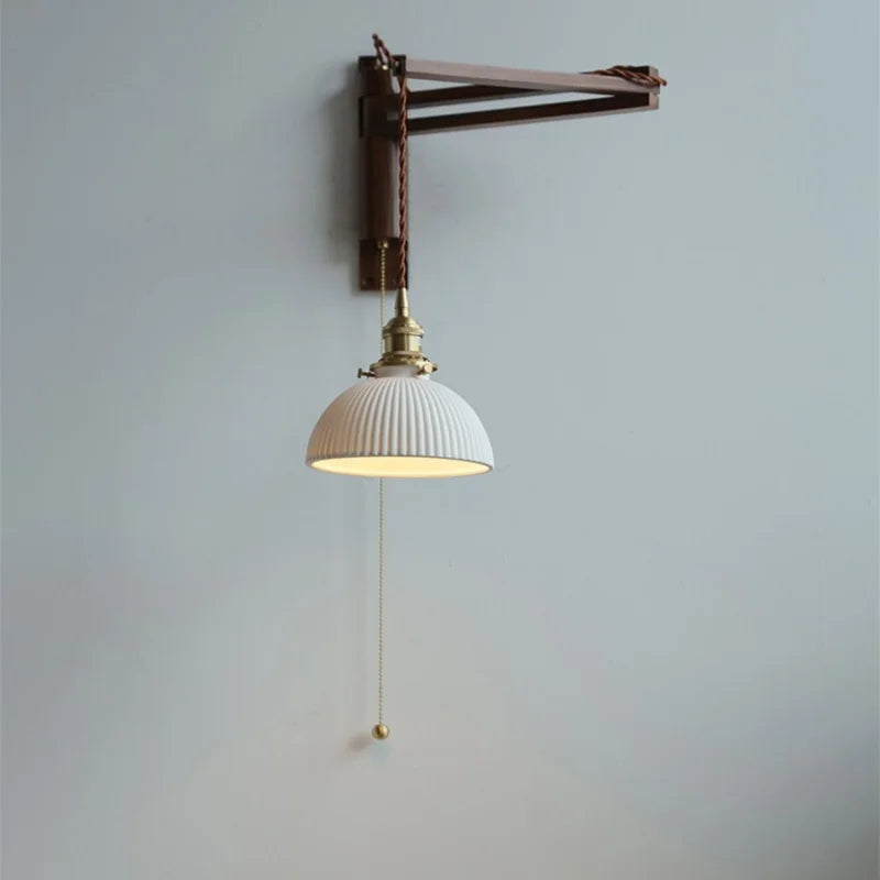 Amélie Walnut Wood Ceramic Wall Lamp with Pull Switch