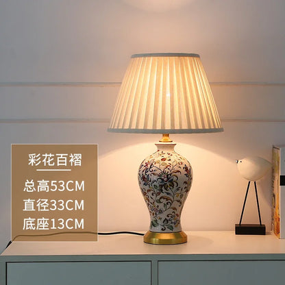 Retro Printed Ceramic LED Table Lamp with Fold Fabric Shade