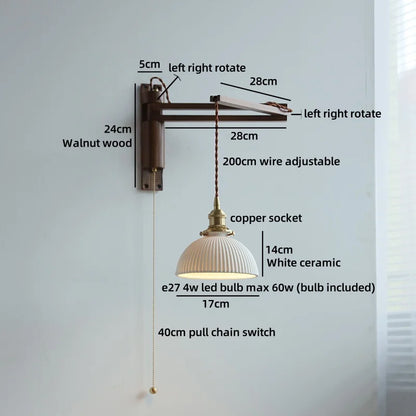 Amélie Walnut Wood Ceramic Wall Lamp with Pull Switch