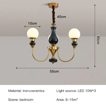 Minimalist Retro Gold Ceramic Chandelier with LED Lights for Bedroom and Loft