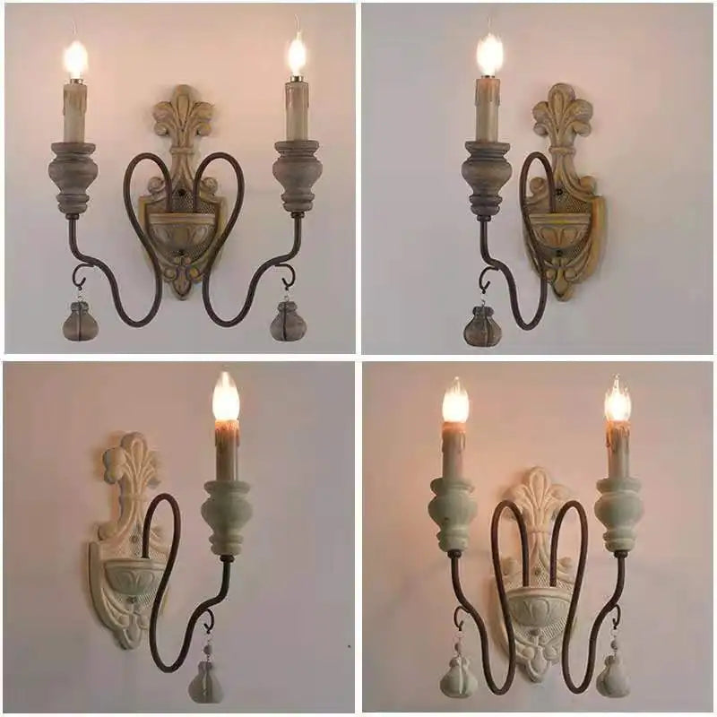 Sophie French Country Wood Iron Wall Lamp E14 Vintage Sconce