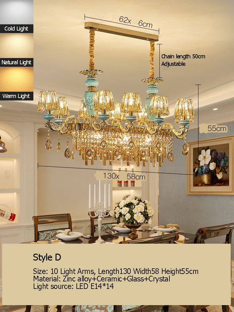 Sophie Long Crystal Stained Glass Dining Chandelier Light