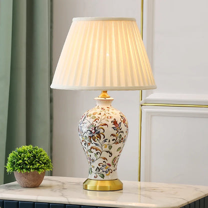 Retro Printed Ceramic LED Table Lamp with Fold Fabric Shade