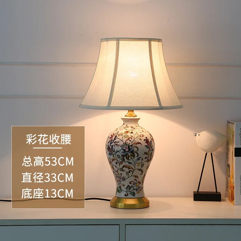 Retro Painted Ceramic LED Floor Lamp with Pleated Fabric Shade