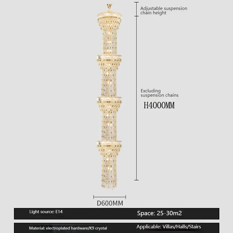 Hollow Spiral Crystal Long Chandelier for Staircase and Living Room