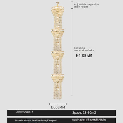 Hollow Spiral Crystal Long Chandelier for Staircase and Living Room
