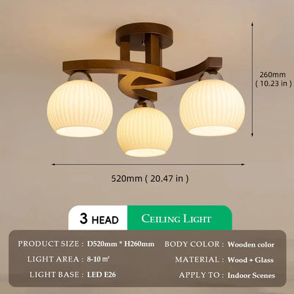 Camille Walnut Glass Globe LED Ceiling Light Wabi Sabi Style