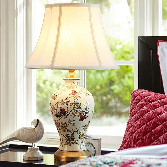 Retro Painted Ceramic LED Floor Lamp with Pleated Fabric Shade