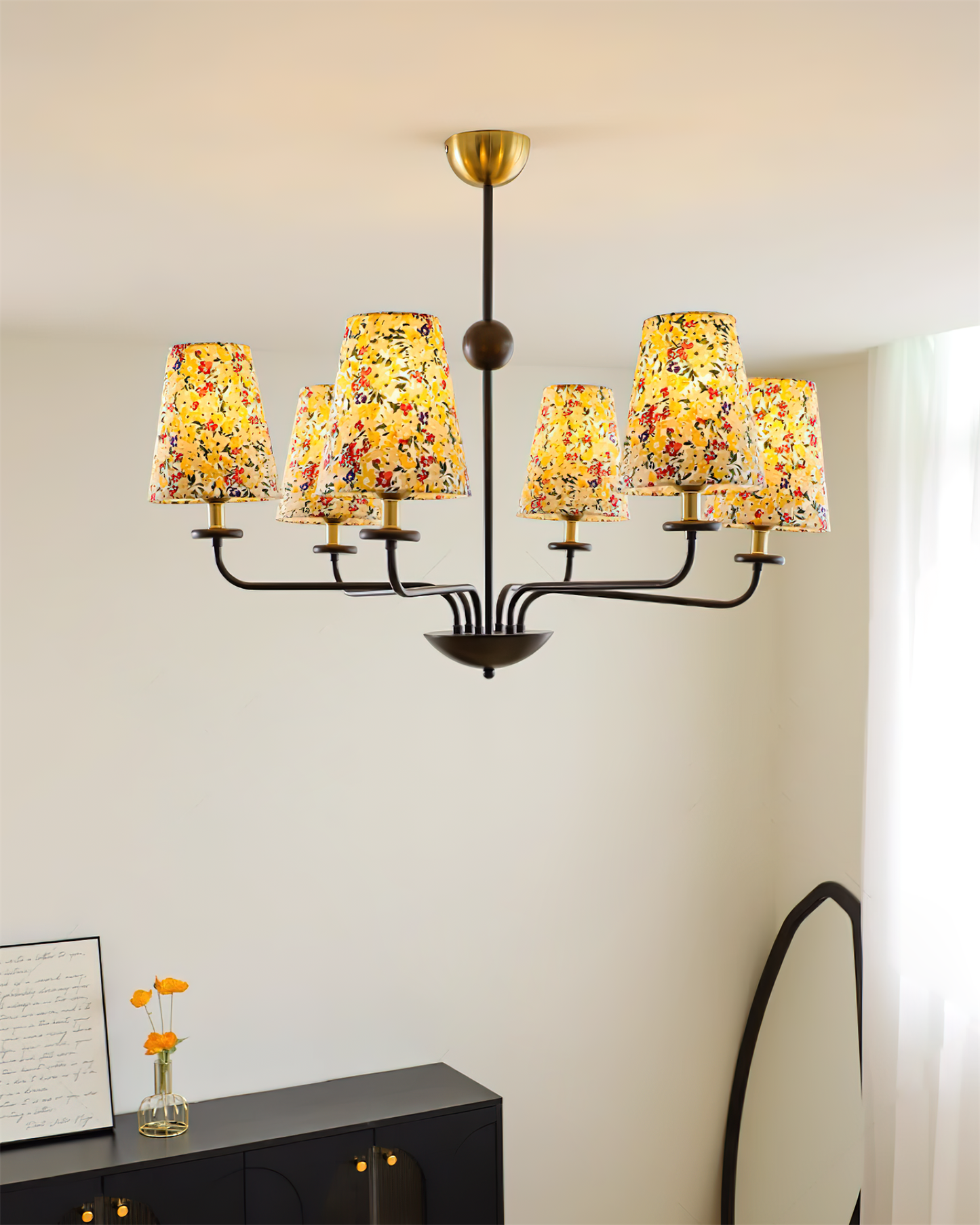Camille Fabric Chandelier, Floral Shades with Metal Frame