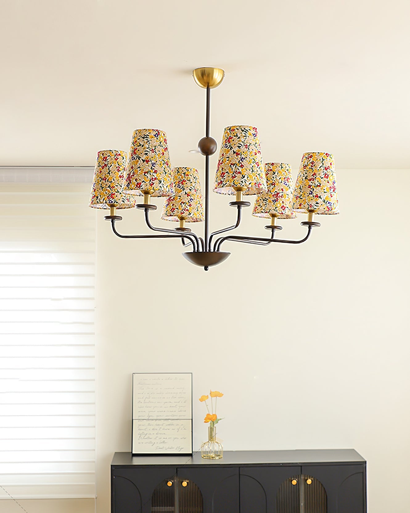 Camille Fabric Chandelier, Floral Shades with Metal Frame