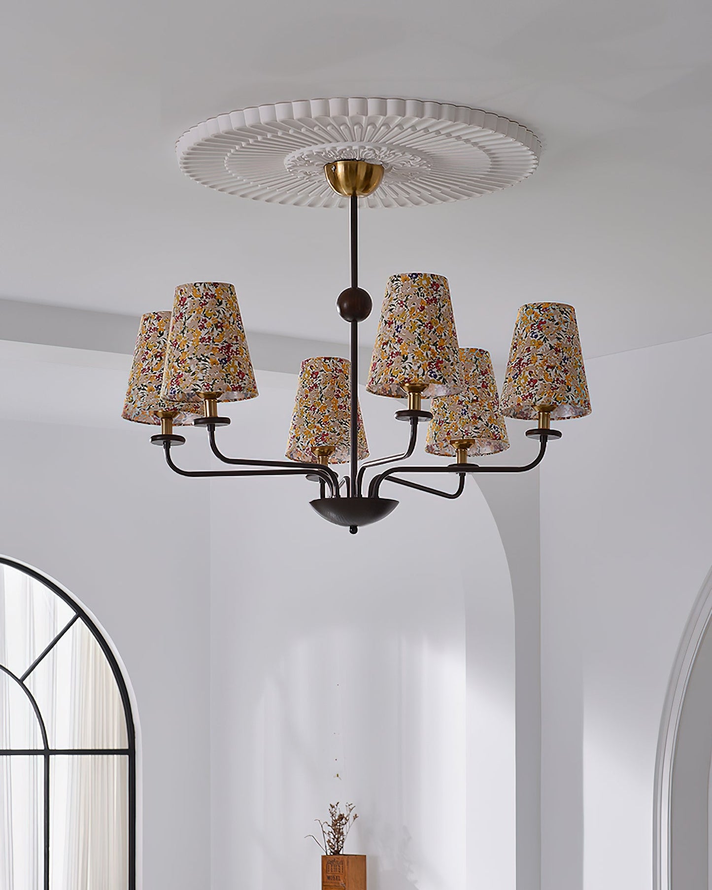 Camille Fabric Chandelier, Floral Shades with Metal Frame