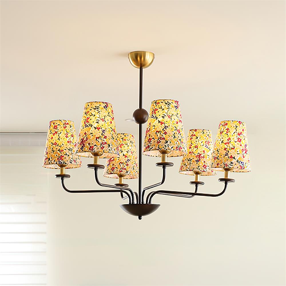 Camille Fabric Chandelier, Floral Shades with Metal Frame
