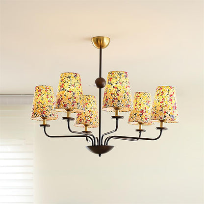 Camille Fabric Chandelier, Floral Shades with Metal Frame