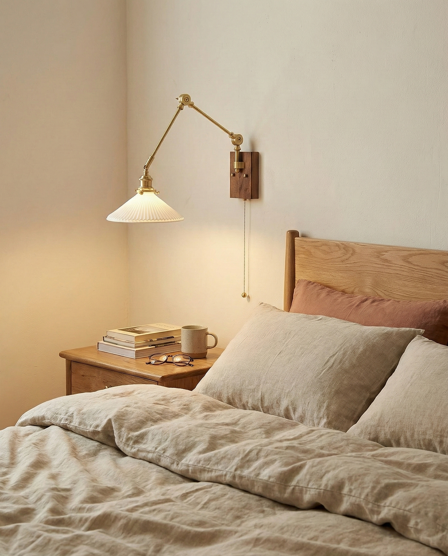 Émilie Swing Arm Wall Lamp with Brass and Wood Base