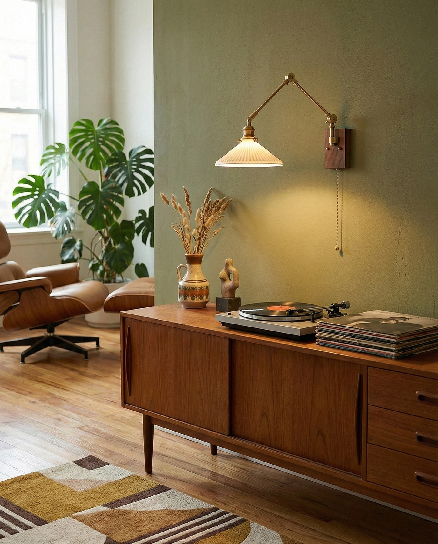 Émilie Swing Arm Wall Lamp with Brass and Wood Base