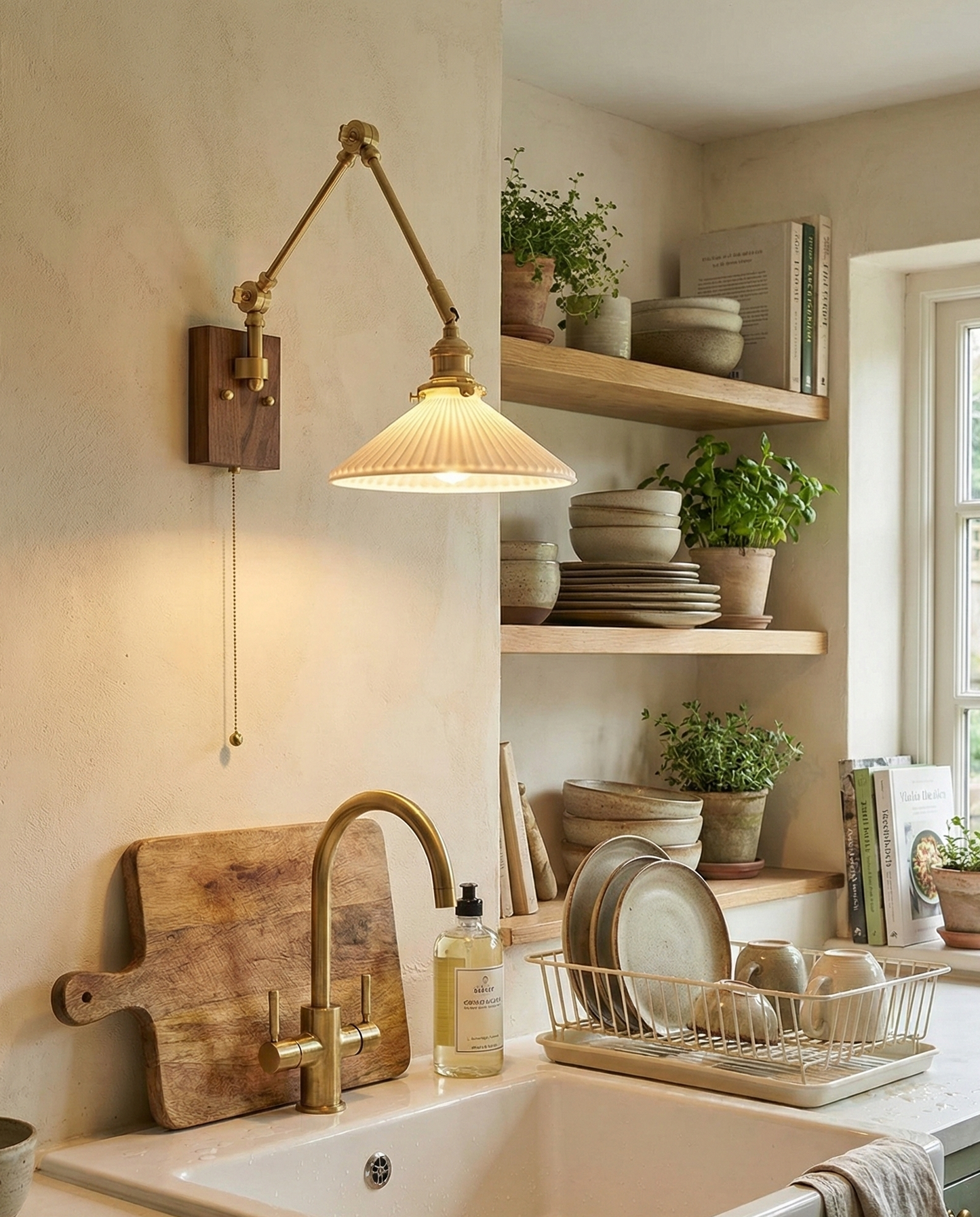 Émilie Swing Arm Wall Lamp with Brass and Wood Base