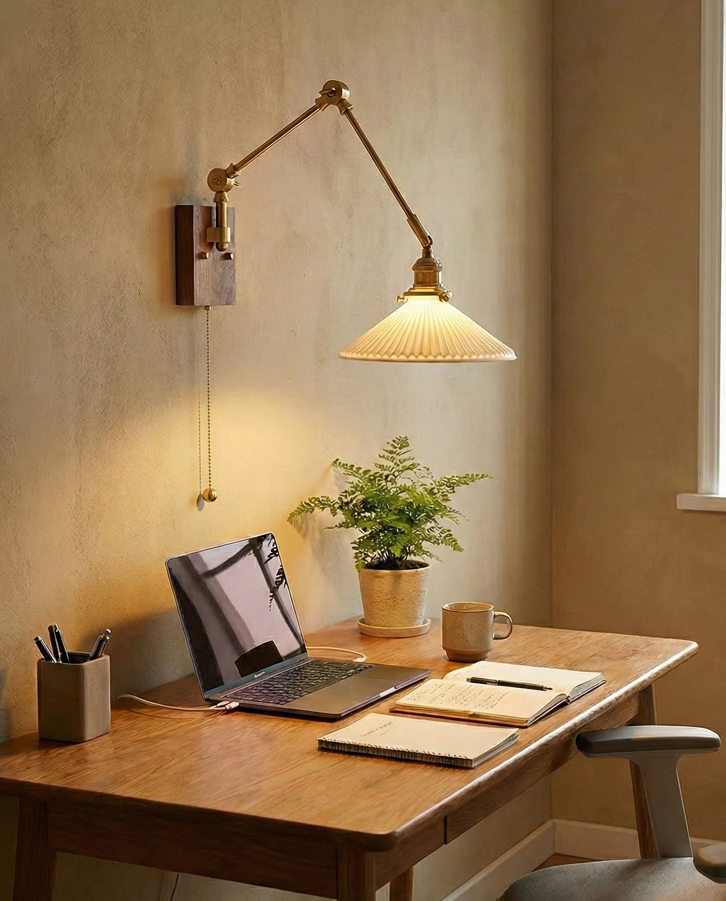 Émilie Swing Arm Wall Lamp with Brass and Wood Base