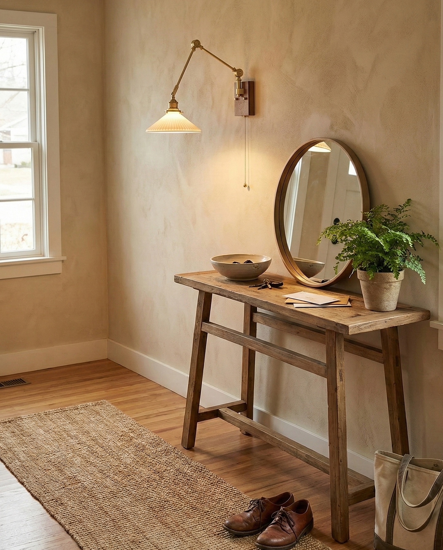 Émilie Swing Arm Wall Lamp with Brass and Wood Base