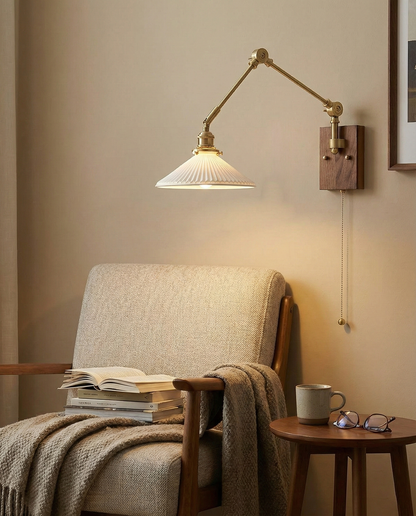 Émilie Swing Arm Wall Lamp with Brass and Wood Base