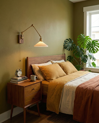 Émilie Swing Arm Wall Lamp with Brass and Wood Base