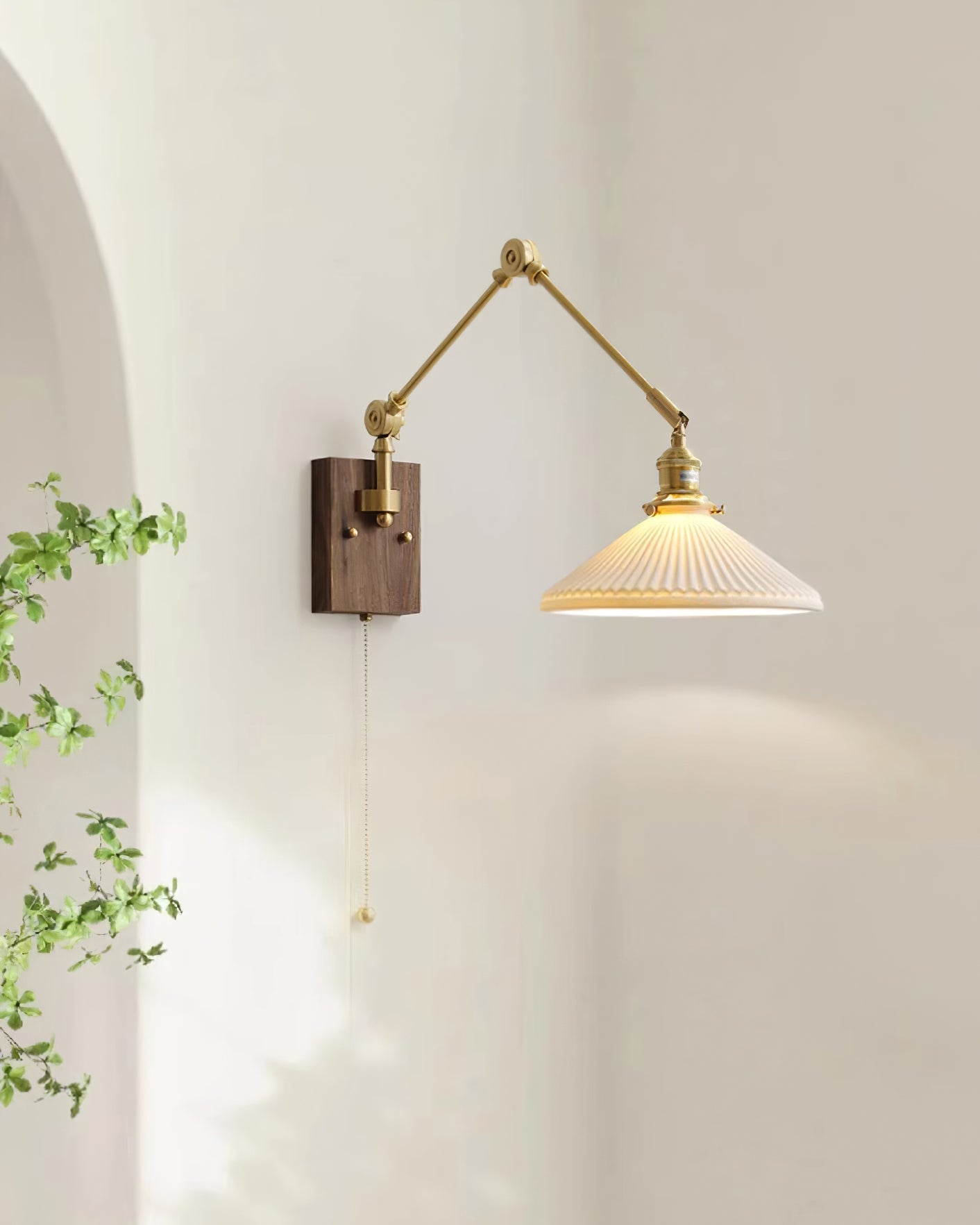 Émilie Swing Arm Wall Lamp with Brass and Wood Base