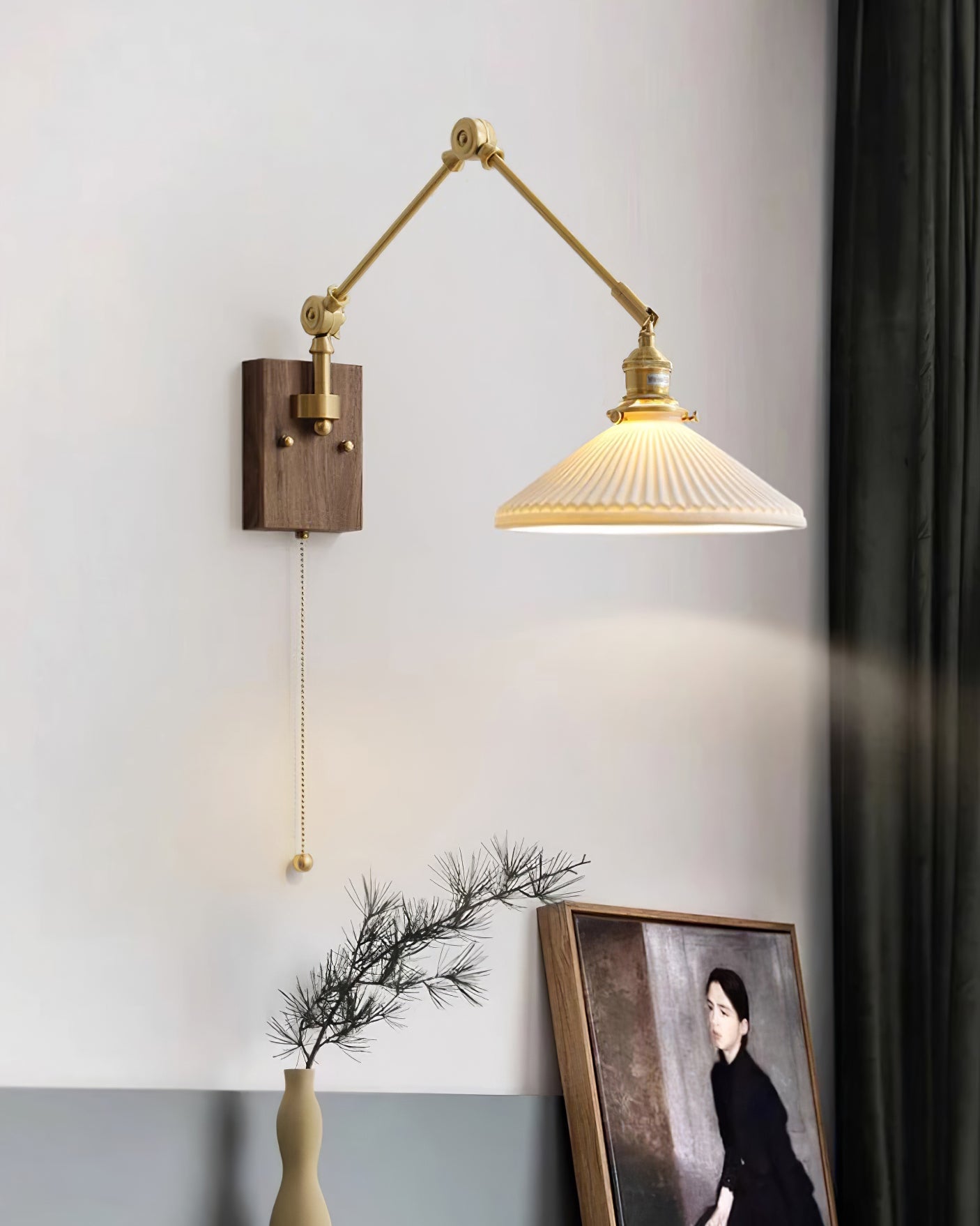 Émilie Swing Arm Wall Lamp with Brass and Wood Base