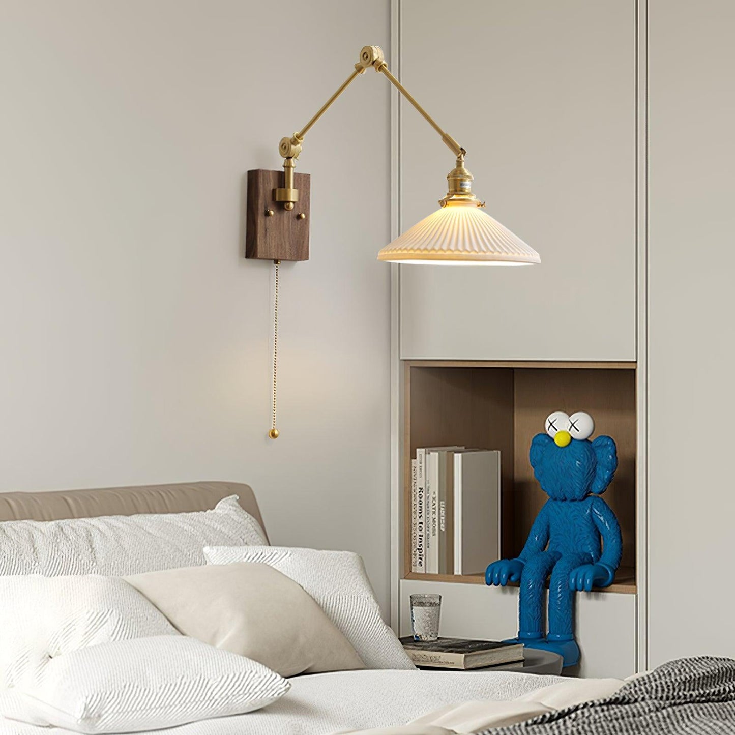 Émilie Swing Arm Wall Lamp with Brass and Wood Base