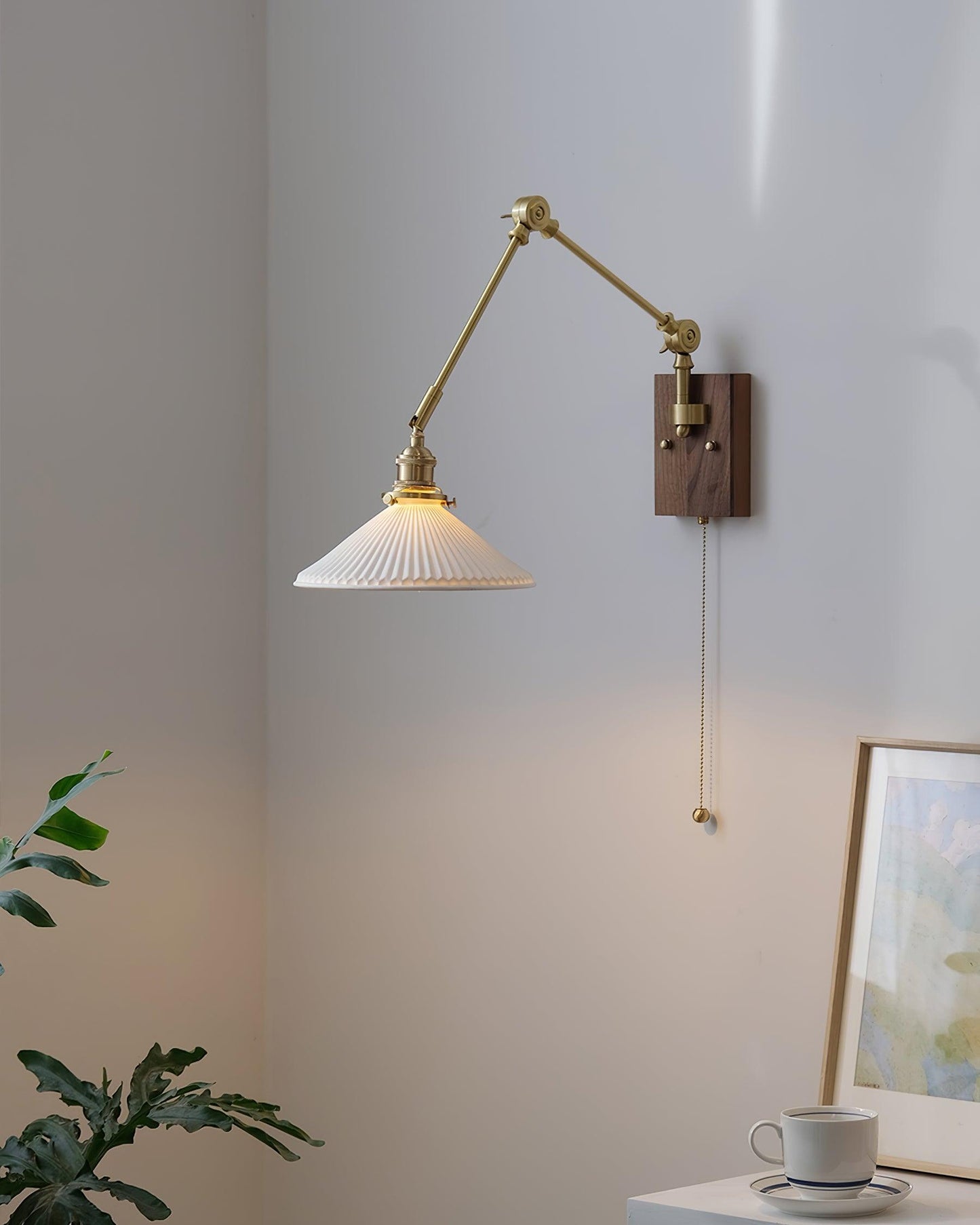 Émilie Swing Arm Wall Lamp with Brass and Wood Base