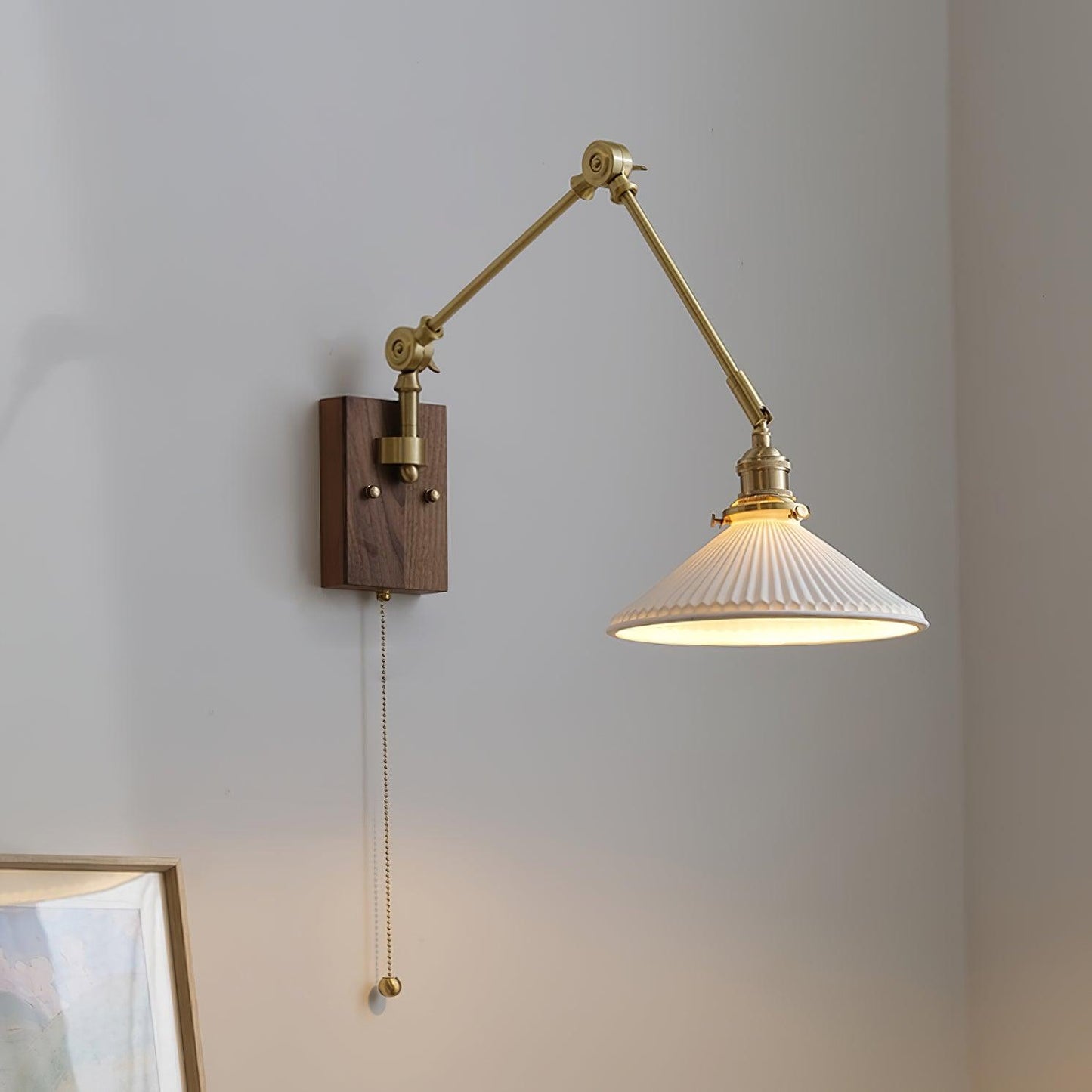 Émilie Swing Arm Wall Lamp with Brass and Wood Base
