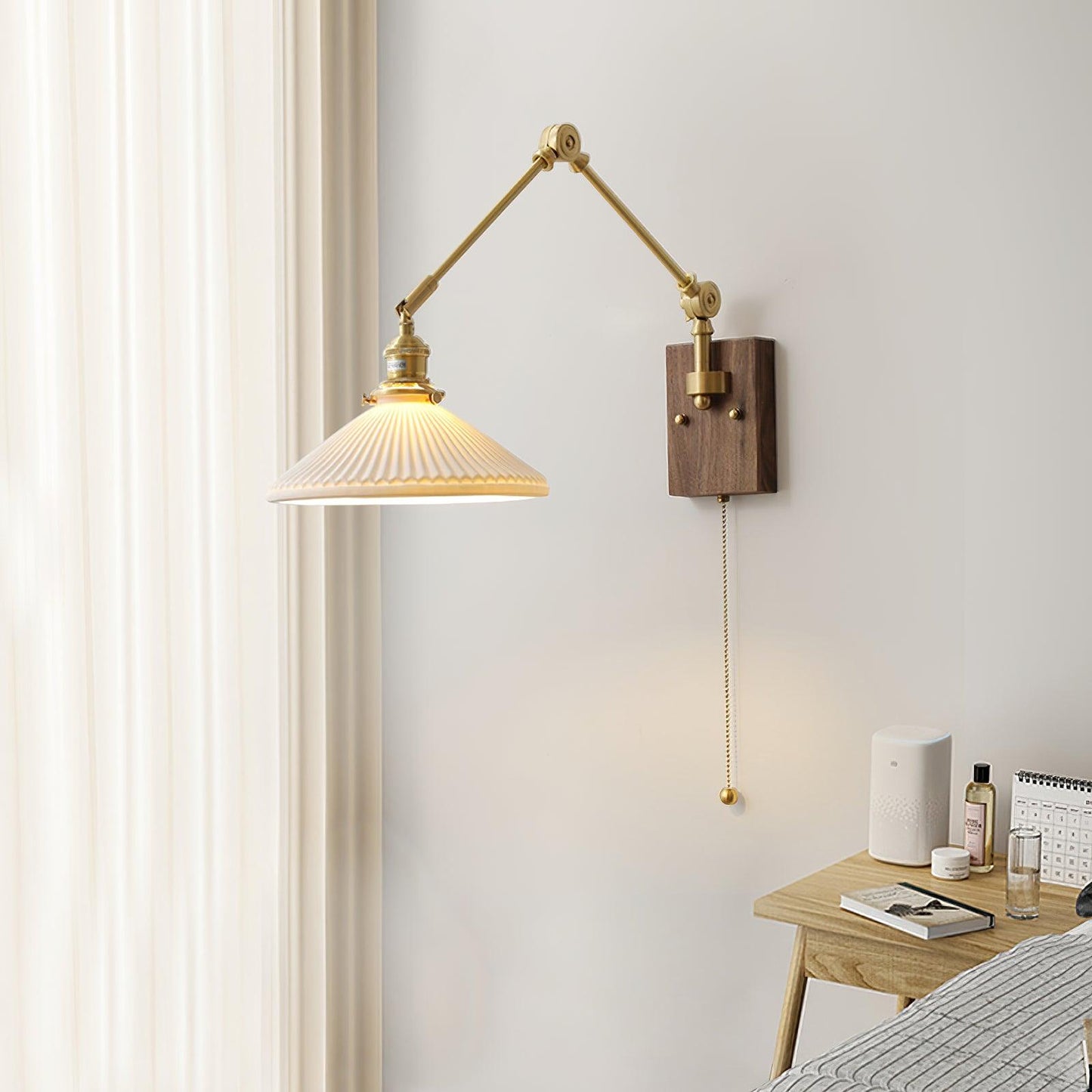 Émilie Swing Arm Wall Lamp with Brass and Wood Base