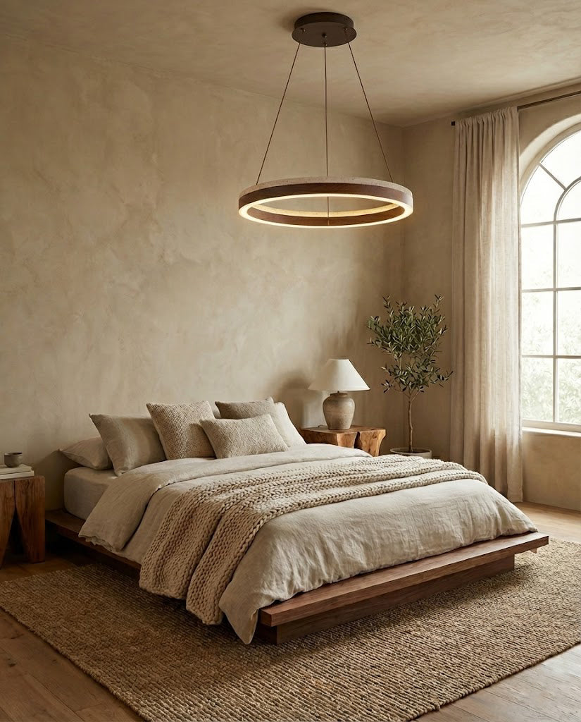 Aurélien Ring Chandelier, Travertine and Wood LED Design