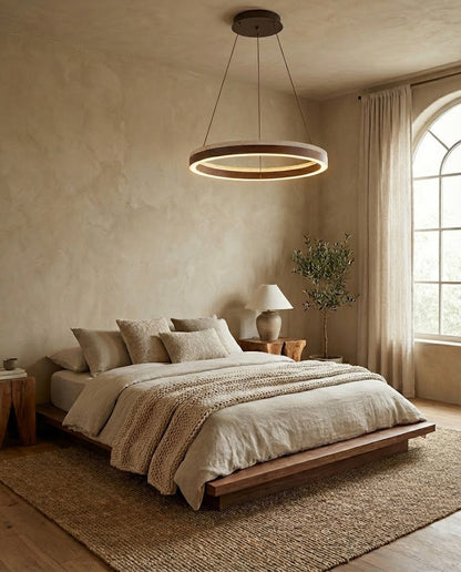Aurélien Ring Chandelier, Travertine and Wood LED Design