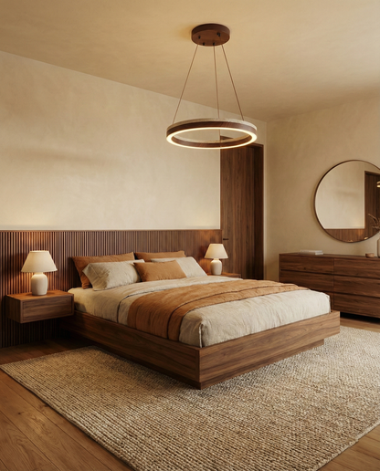 Aurélien Ring Chandelier, Travertine and Wood LED Design