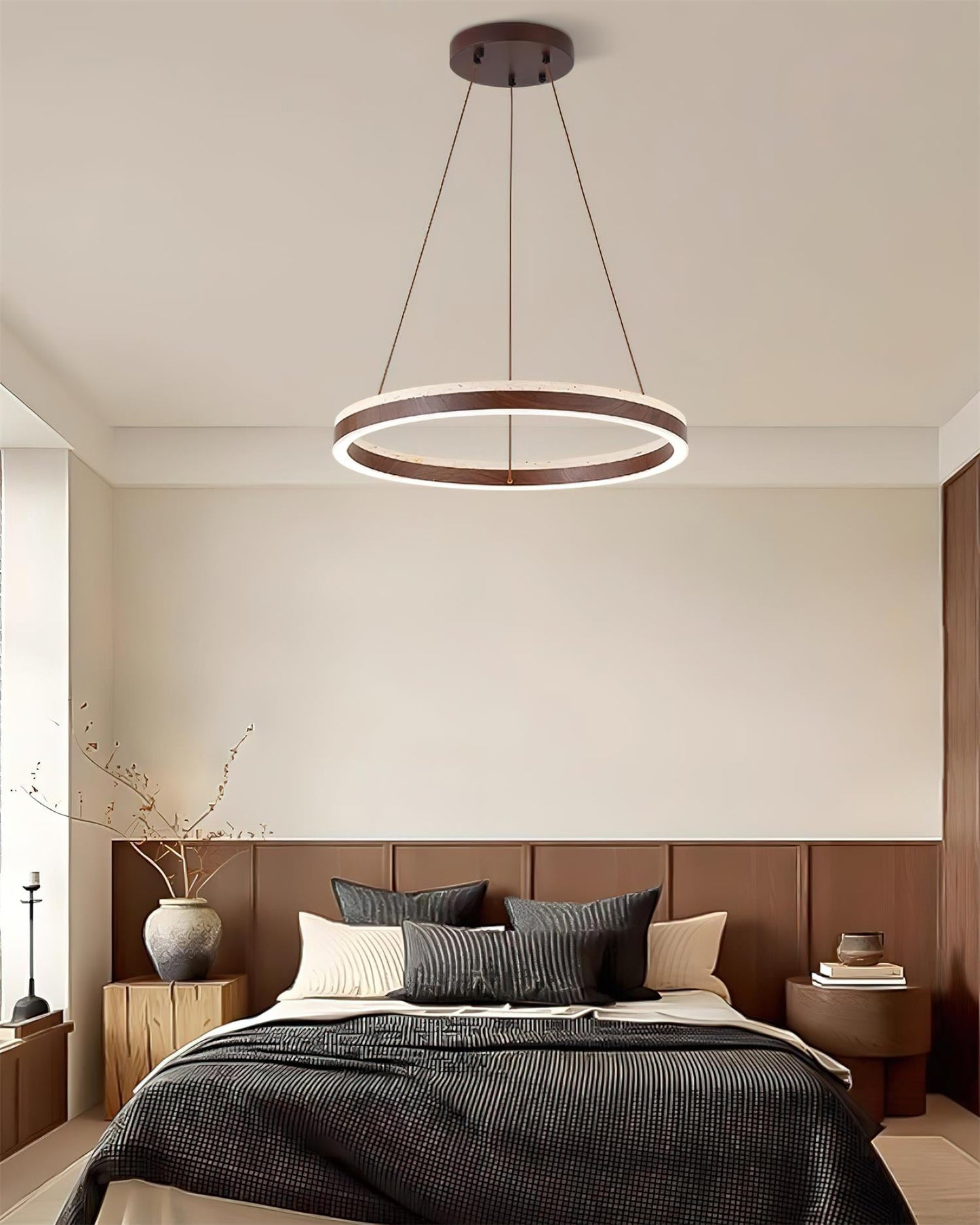 Aurélien Ring Chandelier, Travertine and Wood LED Design