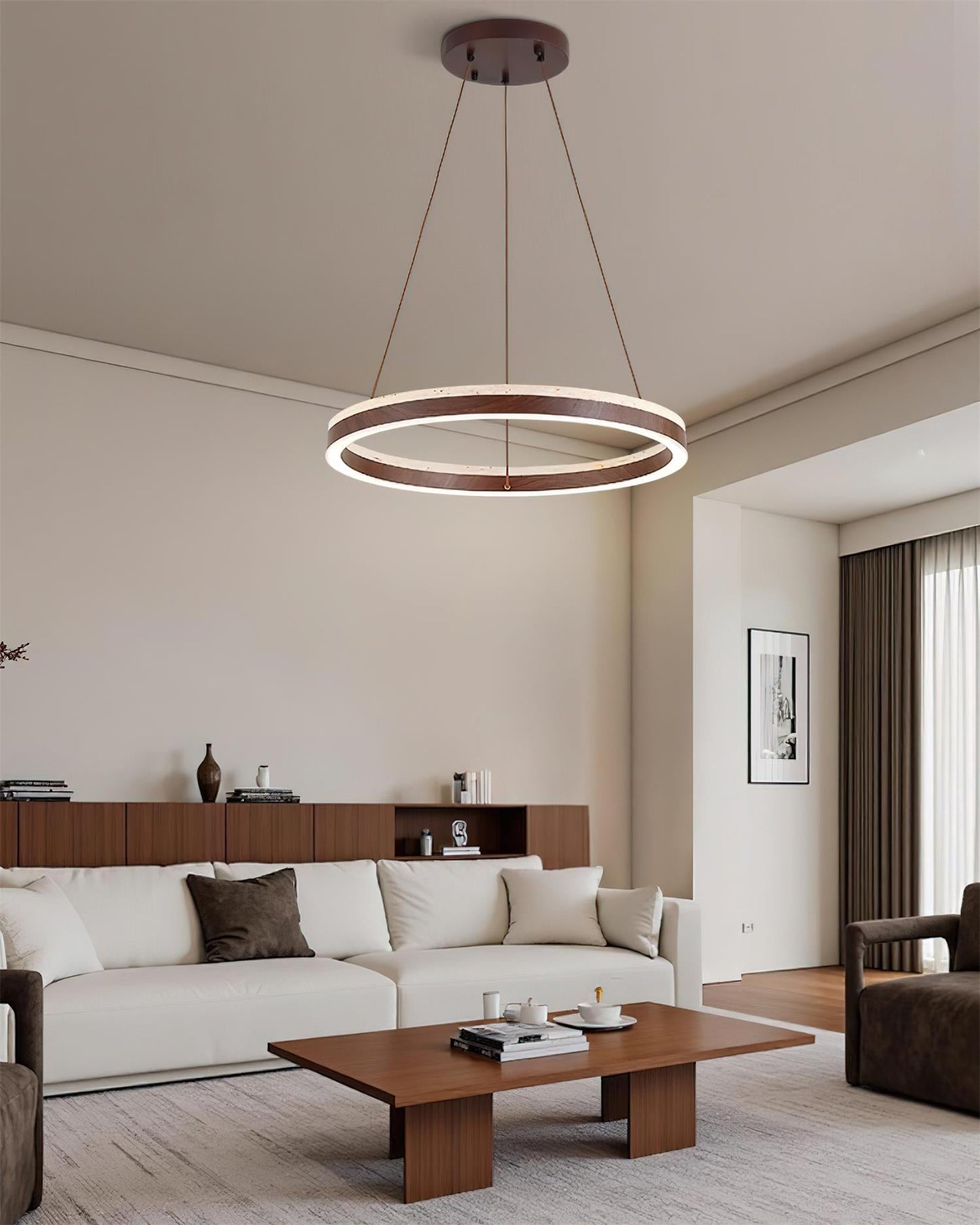 Aurélien Ring Chandelier, Travertine and Wood LED Design