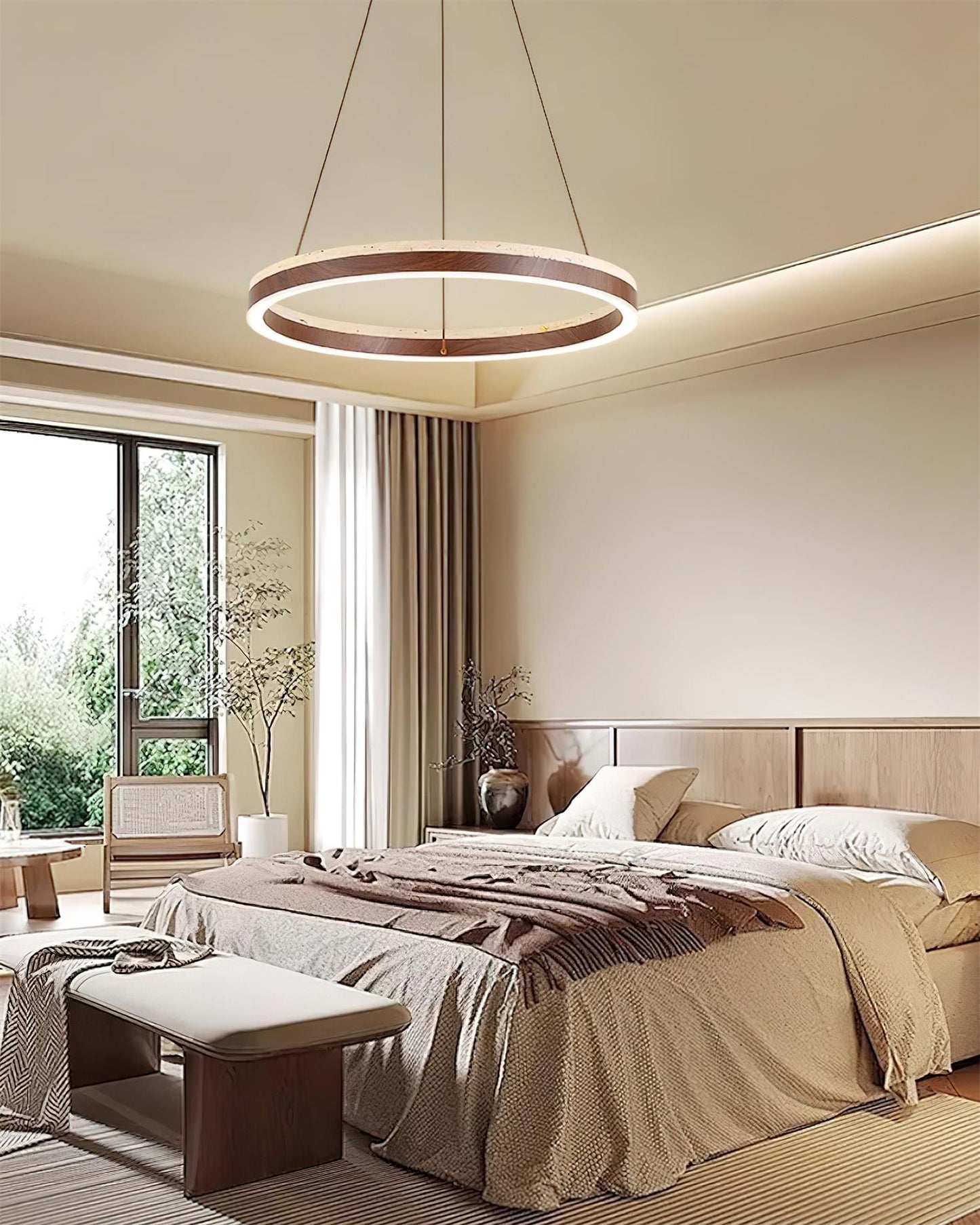 Aurélien Ring Chandelier, Travertine and Wood LED Design
