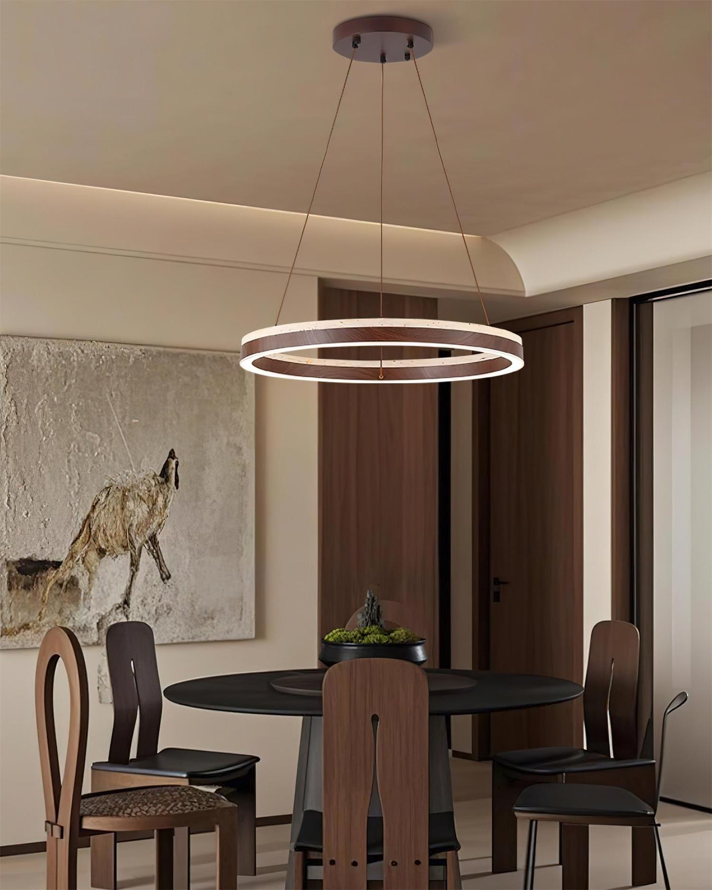 Aurélien Ring Chandelier, Travertine and Wood LED Design