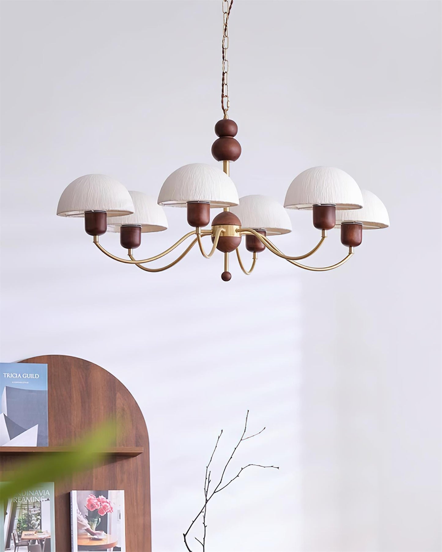 Manon Chandelier, Wooden Beads with Curved Metal Arms and Soft Shades