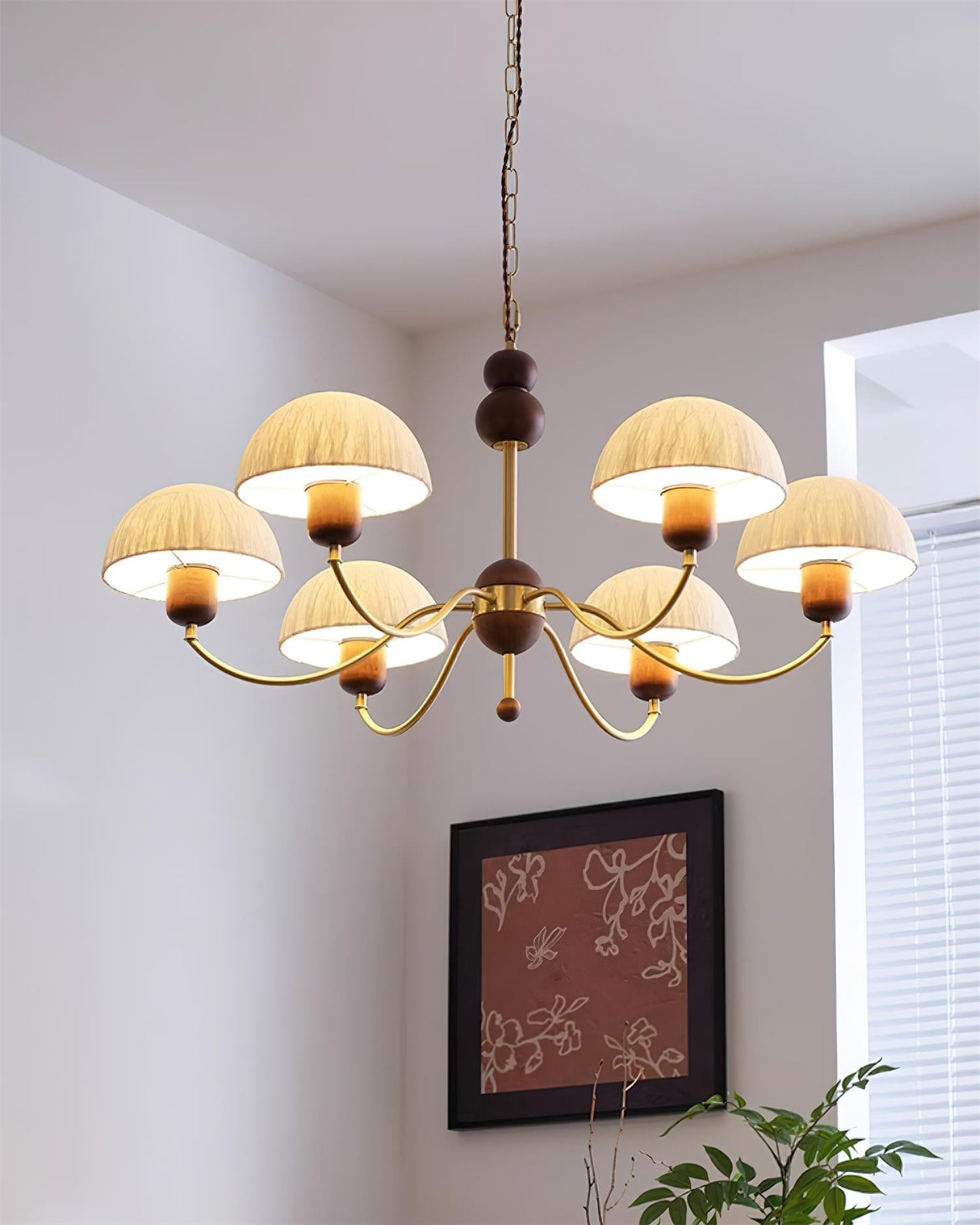 Manon Chandelier, Wooden Beads with Curved Metal Arms and Soft Shades