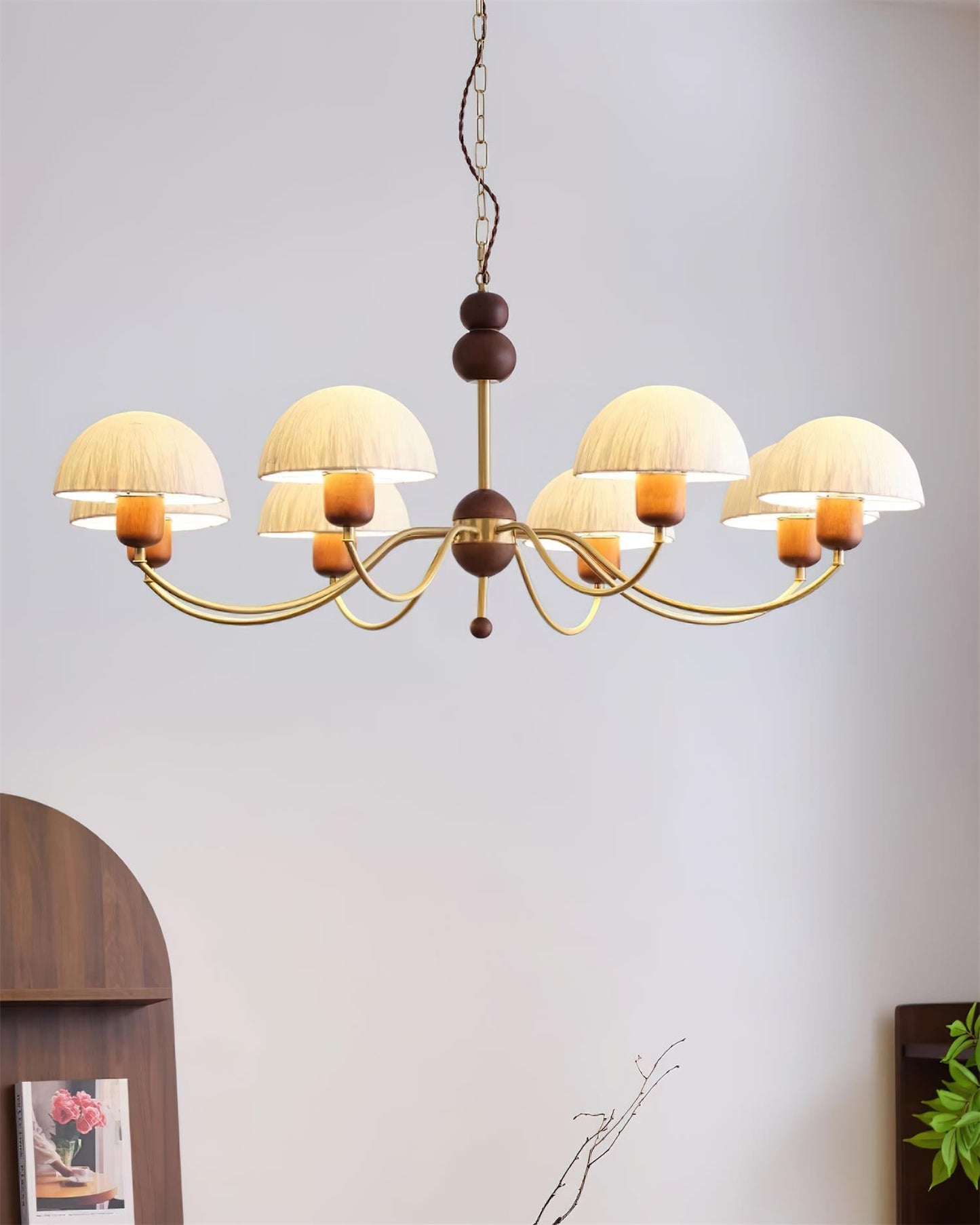 Manon Chandelier, Wooden Beads with Curved Metal Arms and Soft Shades
