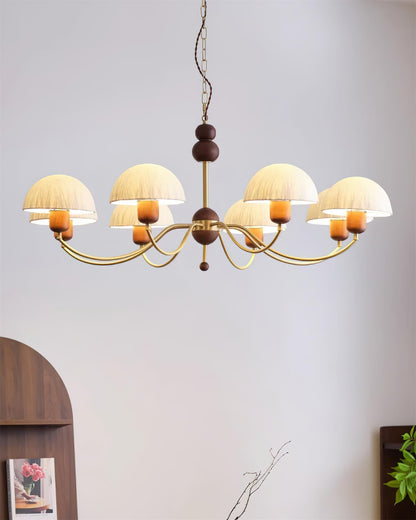 Manon Chandelier, Wooden Beads with Curved Metal Arms and Soft Shades