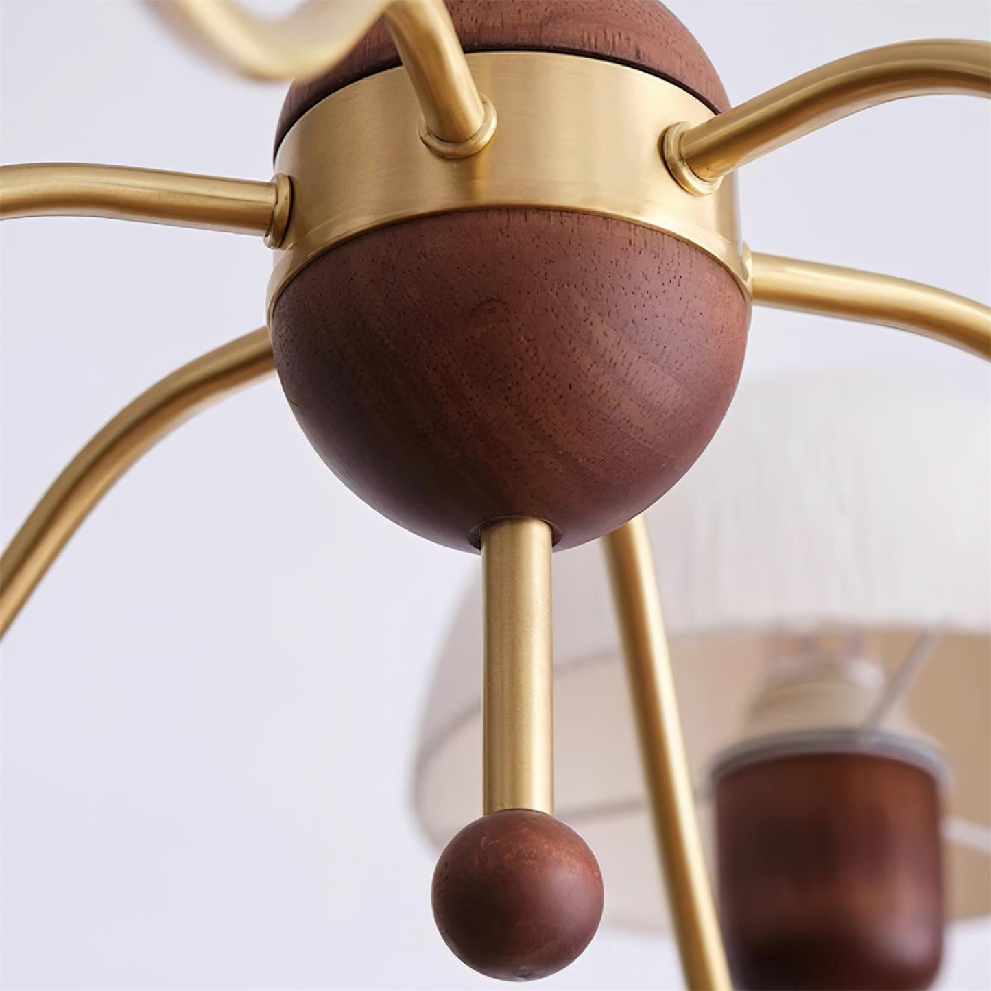Manon Chandelier, Wooden Beads with Curved Metal Arms and Soft Shades